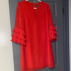 Red Ruffle Sleeve Vince Camuto Holiday Party Dress Office Shift Cutout Flowy 6